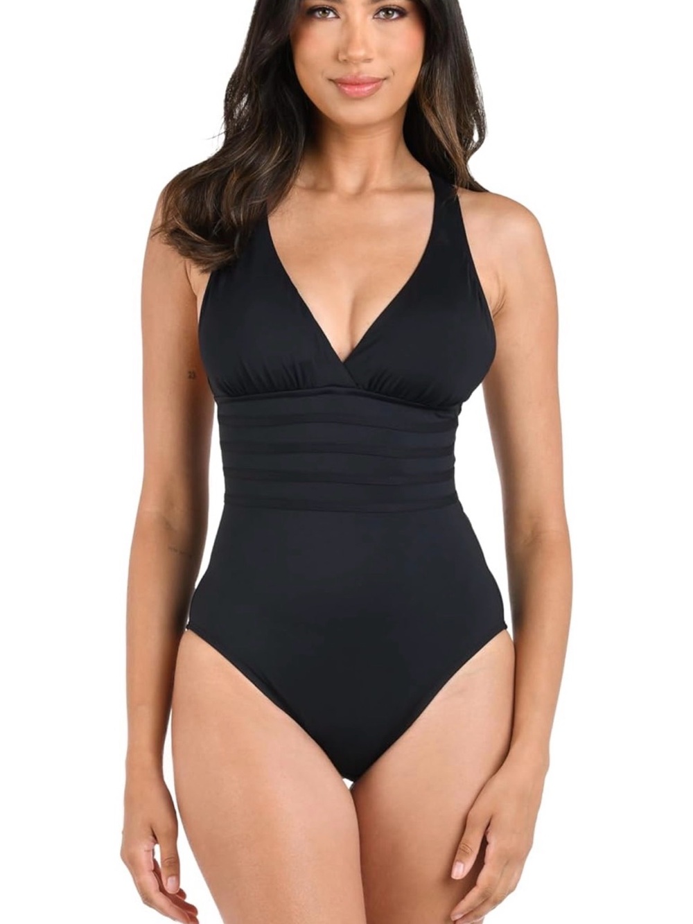 La Blanca Black Deep V One-Piece Swimsuit with Waistband